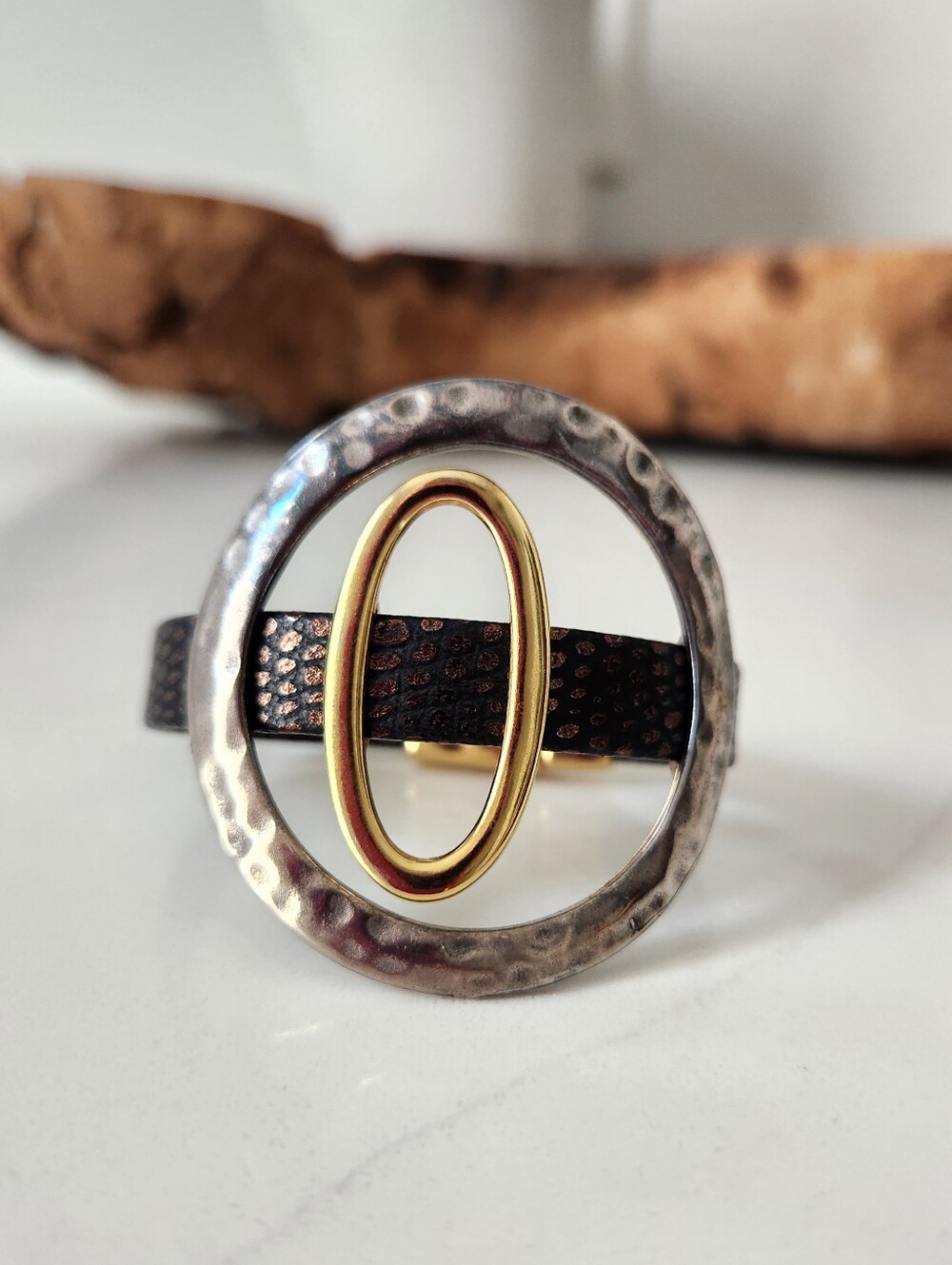 Mixed Metal Hammered Circle Leather Bracelet with Gold Oval Accent